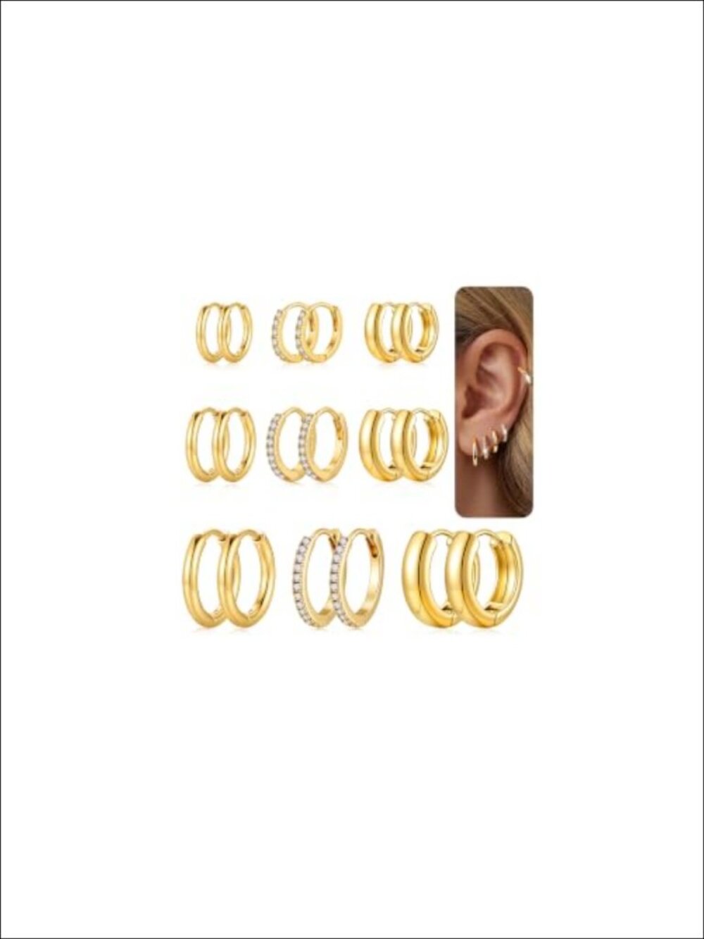 9 Pairs Gold Hoop Earrings Set 14K Gold Plated CZ Huggie